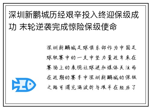 深圳新鹏城历经艰辛投入终迎保级成功 末轮逆袭完成惊险保级使命 深圳新鹏城历经艰辛投入终迎保级成功 末轮逆袭完成惊险保级使命